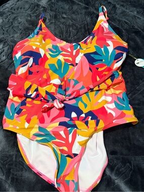 Tropical Multicolor Leaf One-Piece Swimsuit with Waist Tie